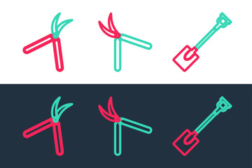 Set line Garden shovel, Gardening handmade scissor and icon. Vector