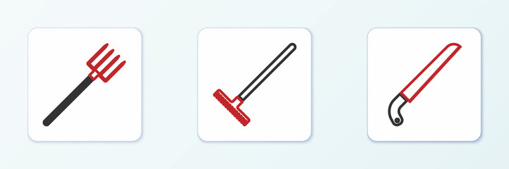 Set line Garden saw, pitchfork and rake icon. Vector