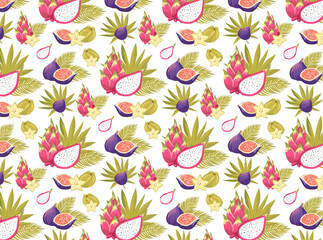 Colorful tropical fruits, dragon fruits, figs and palm leaves pattern vector illustration with white backround	
