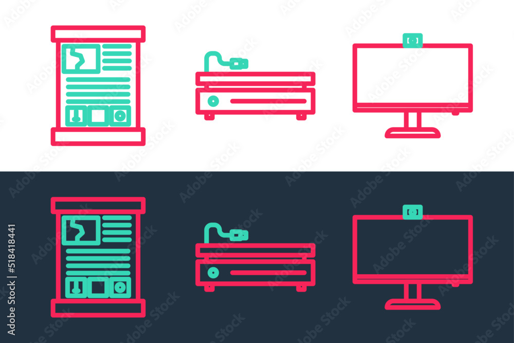 Poster set line computer monitor, game guide and video game console icon. vector
