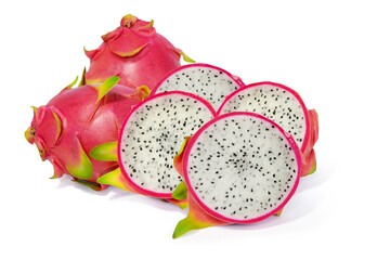 Dragon fruit, red-green peel fruit isolated on white background.