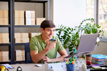 Post office worker sending voice message