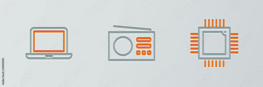 Poster set line processor with microcircuits cpu, laptop and radio icon. vector