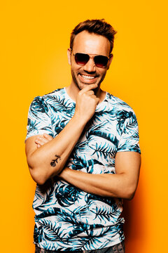 Smiling Stylish Man In T Shirt With Tropical Print