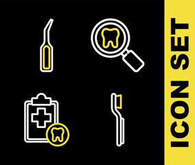 Fototapeta premium Set line Dental search, Toothbrush, card and explorer scaler icon. Vector