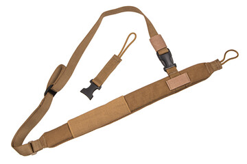 Nylon shoulder strap for a gun isolated on white back. Belt for comfortable carrying of weapons.