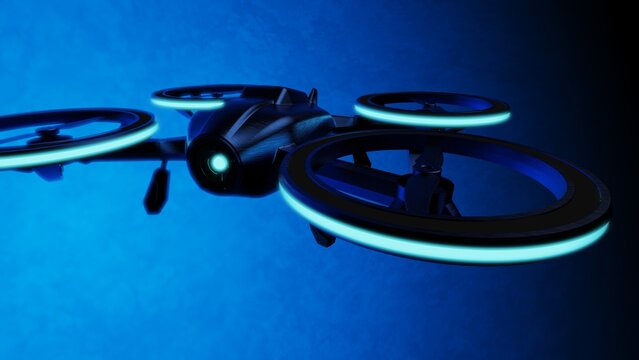 Powerful metallic blue drone loaded with some of blue light, most advanced imaging and flight technologies under blue-black background. Concept image of video production. 3D CG.