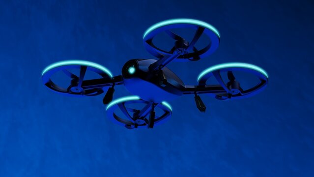 Powerful metallic blue drone loaded with some of blue light, most advanced imaging and flight technologies under blue-black background. Concept image of video production. 3D CG.