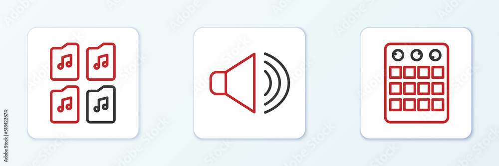Poster set line drum machine, music file document and speaker volume icon. vector