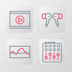Set line Sound mixer controller, Music wave equalizer, Air headphones and Online play video icon. Vector