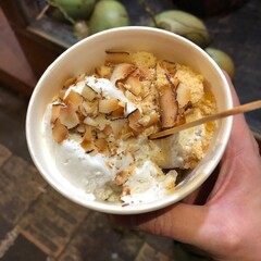 Coconut Ice Cream with Toasted Coconut Flakes and Coconut Brittle in Bali