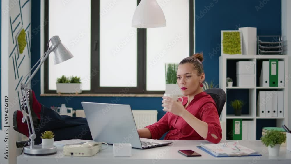 Poster project manager working with data charts and statistics to analyze sales growth on laptop, having of