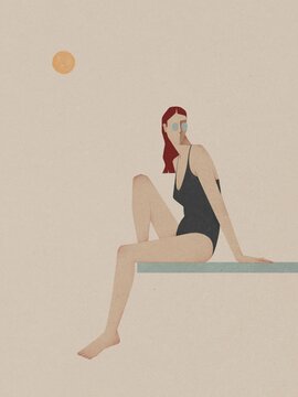 woman sitting on the pier llustration