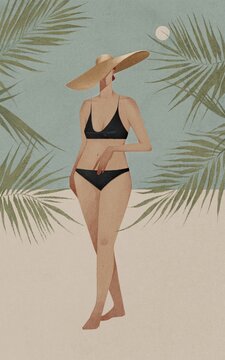 woman in a hat on a tropical island illustration