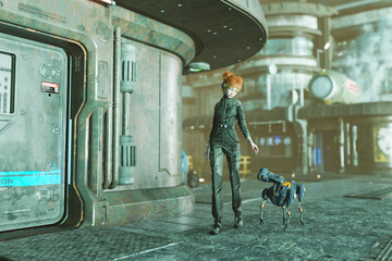 Woman walking pet robot dog