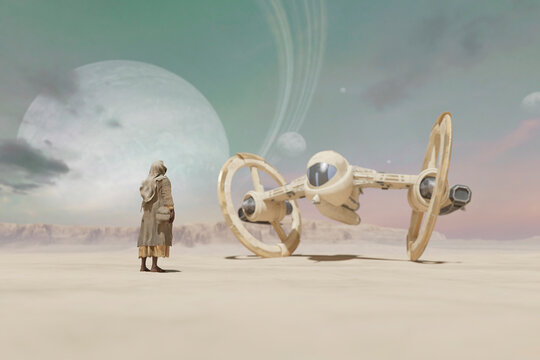 African man standing in desert with spaceship