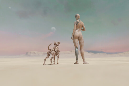 Cyborg with robot dog in desert