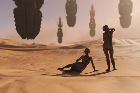 Two female cyborgs watch spaceships in air