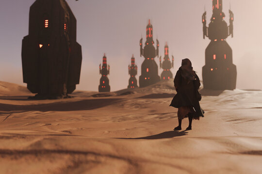 Man in desert looking at futuristic towers