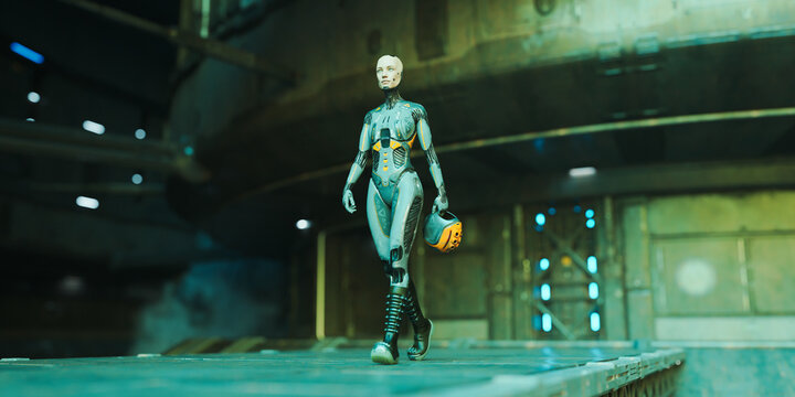 Futuristic female cyborg walking