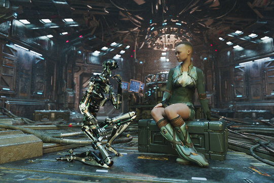 Robot kneels to talk to futuristic woman