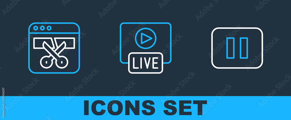 Poster set line pause button, video recorder or editor and live stream icon. vector