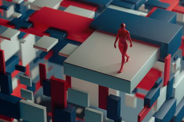 Woman walking on three dimensional rectangular shapes