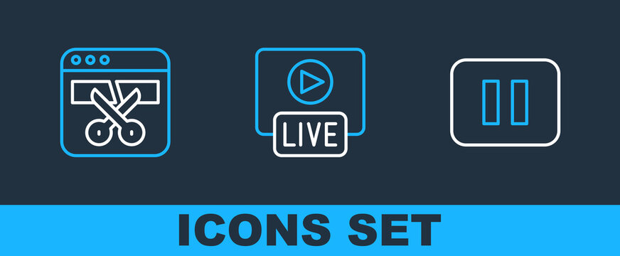 Set Line Pause Button, Video Recorder Or Editor And Live Stream Icon. Vector