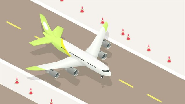 Have nice flight or travel. Moving white plane driving down runway and getting ready to take off into sky. Tourism, trip or vacation concept. Airport with vehicle. Isometric graphic animated cartoon