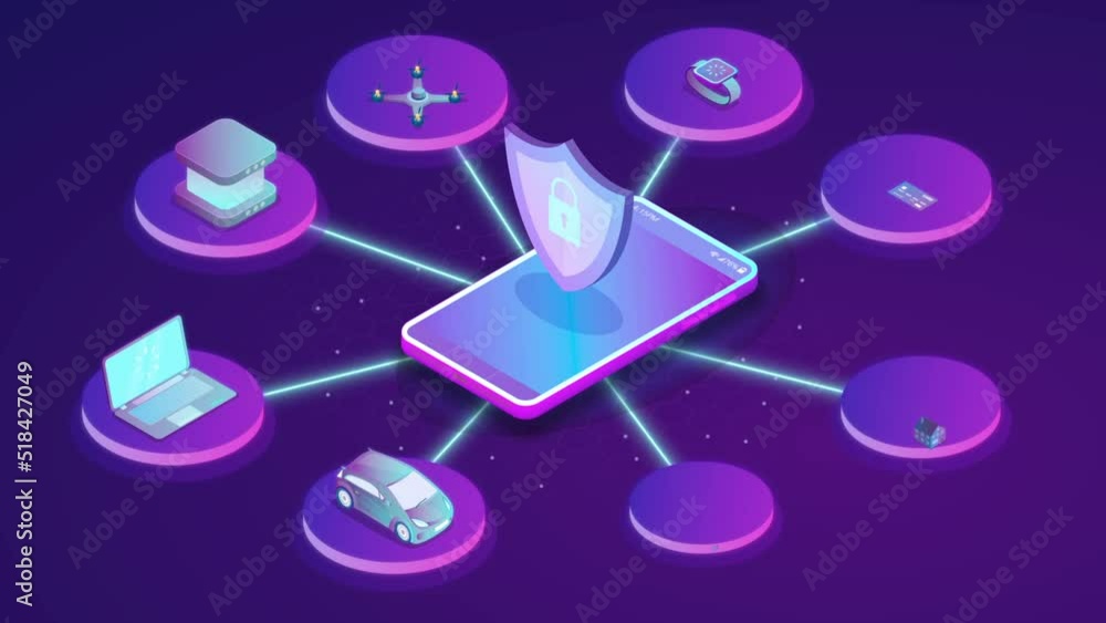 Poster cyber security system. moving poster with digital devices and shield with padlock. protection of per