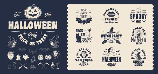 Muurstickers Vintage Halloween logo set. Set of 10 halloween logo templates and 19 design elements for Spooky Party emblems. Prints for t-shirt, typography. Vector illustration © Denys Holovatiuk