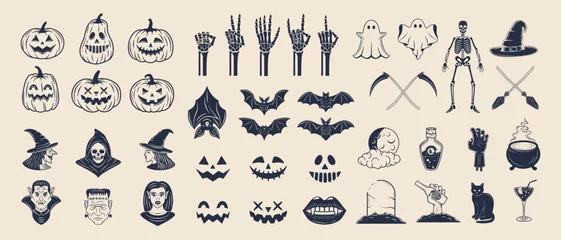 Fototapeten Halloween vector icons set. 42 Halloween vintage icons and silhouettes isolated on white background. Spooky decorations for logo, emblem, poster, banner, invitation, background design. © Denys Holovatiuk