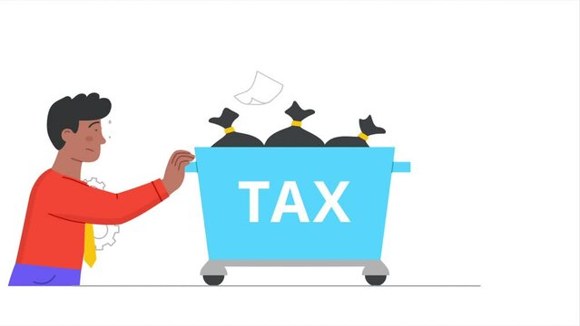 Economy and finance concept. Moving young male entrepreneur pushing heavy cart with large taxes. Businessman loses his income or profit. Burden of taxpayer. Graphic animated cartoon in doodle style