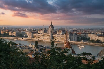 Fototapeta na wymiar Panoramic view of the Parliament House building across river Danube inn Budapest, Hungary 