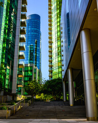 between tall building of city skyline