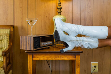  Boots and vintage radio music with martini glass and wood paneling