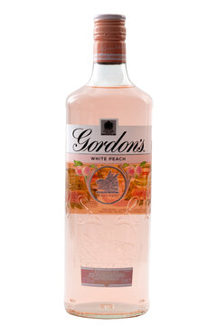 Croydon, UK - February 17, 2018: Illustrative editorial of a bottle of white peach flavoured Gordon s special dry gin isolated on white background with a clipping path cutout