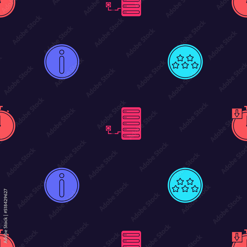 Poster set five stars rating review, information, server and stopwatch on seamless pattern. vector