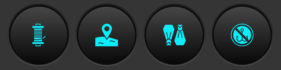 Set Spinning reel for fishing, Location, Rubber flippers swimming and No icon. Vector © vector_v