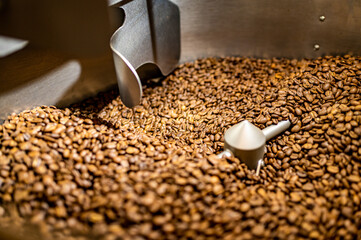 coffee beans in industrial grinder
