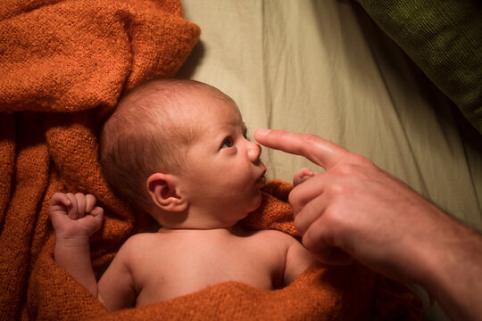 Father's hand touching newborn nose