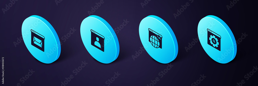 Poster set isometric browser setting, search engine, create account screen and website and mail icon. vecto