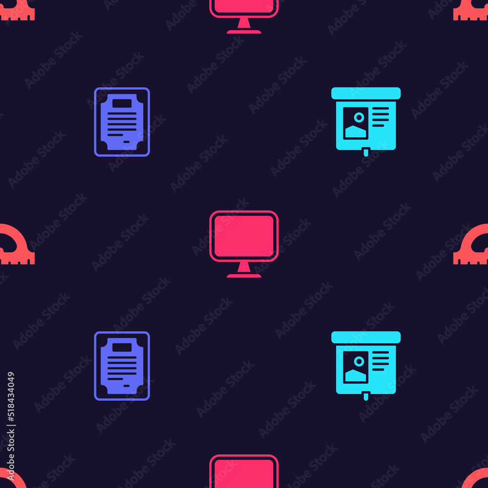Poster set projection screen, certificate template, computer monitor and protractor grid on seamless patter