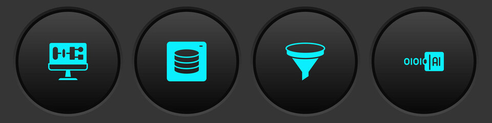 Set Algorithm, Server, Data, Funnel filter and Binary code icon. Vector
