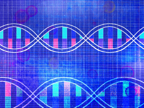 Two DNA helixes with pencil on denim blue blotchy grunge texture