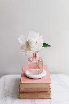 books and a peony in a vase