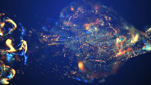 Blue and golden particle stream. Digital data flow. Creative abstract background. Dynamic pattern with fluid simulation and light. 3D render