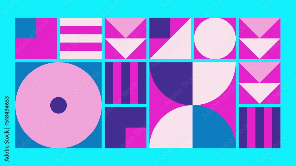 Poster geometric pattern loop. circles, squares animation. modernist abstract seamless background. bauhaus 