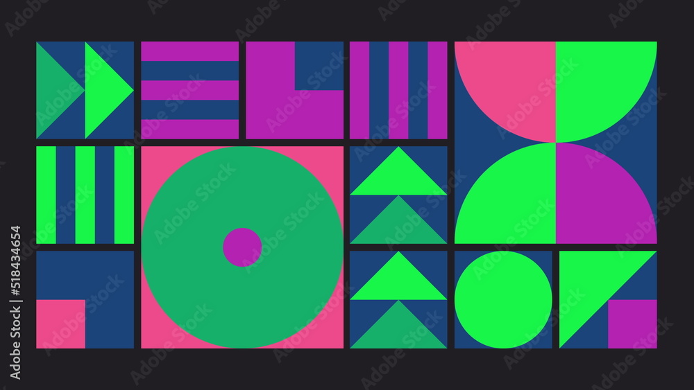 Poster geometric pattern loop. circles, squares animation. modernist abstract seamless background. bauhaus 