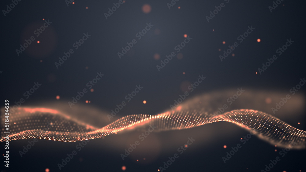 Poster abstract digital golden color wave with flowing small particles dance motion on wave and light abstr